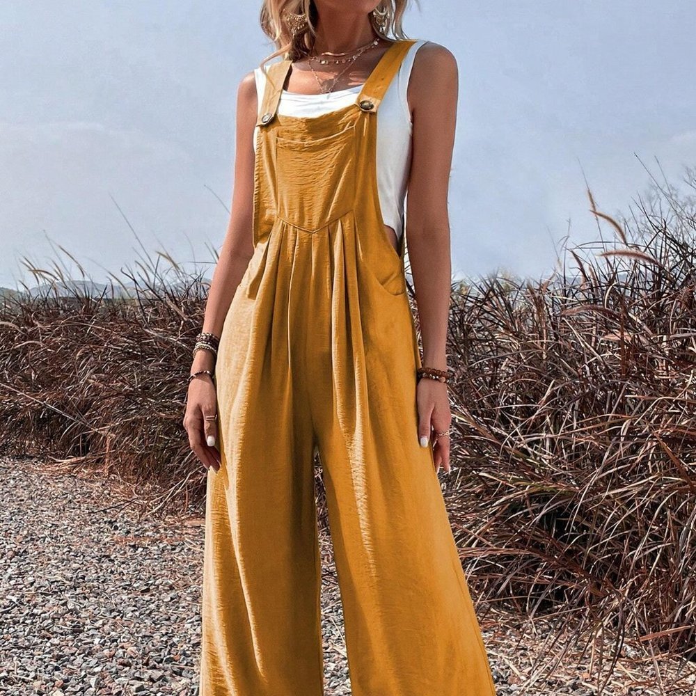 Yellow Boho Womens Solid Pocket Overall Jumpsuit - Picture 3 of 5